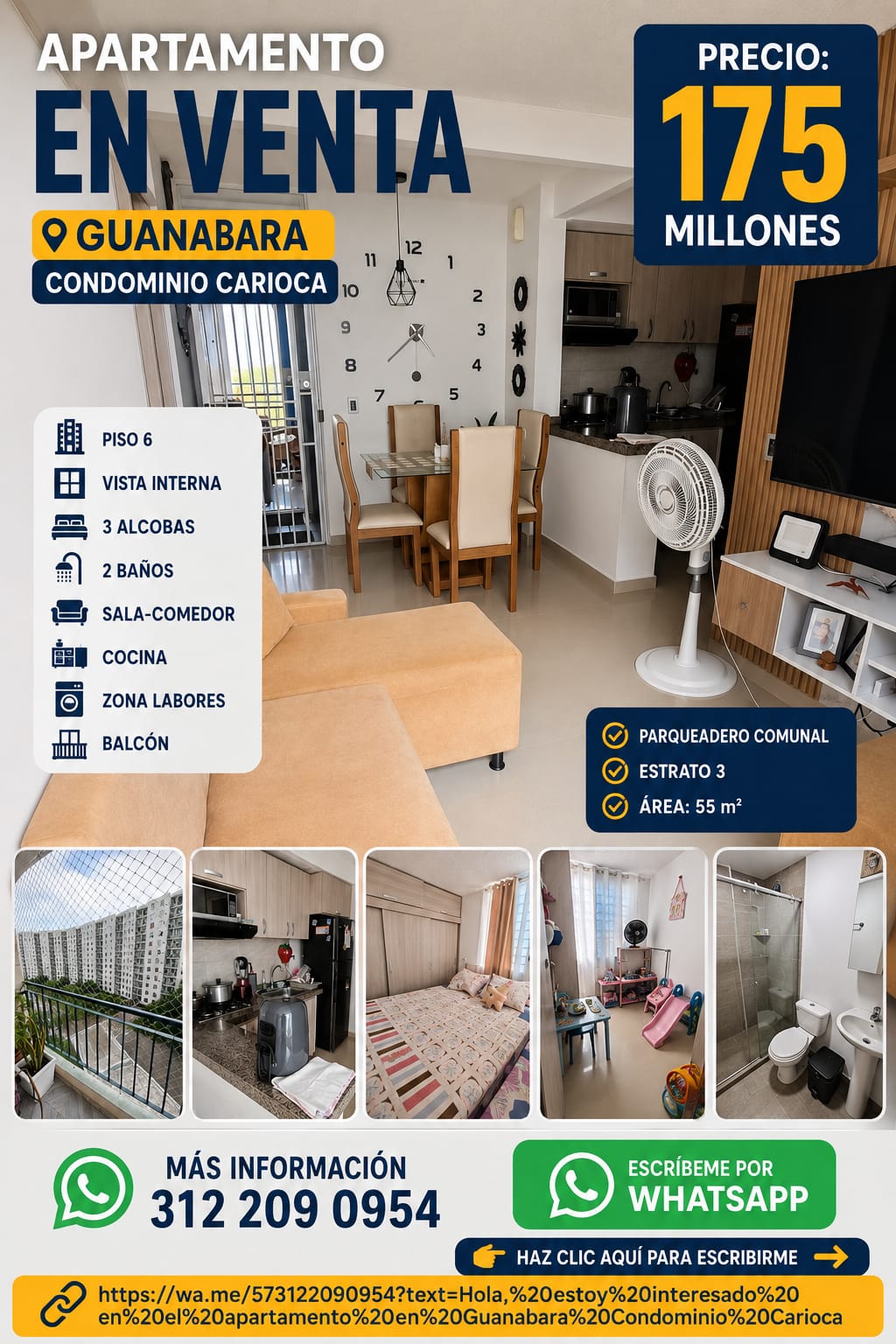 VENDO APARTAMENTO EN CARIOCA CONJUNTO GUANABARA VISTA INTERNA 