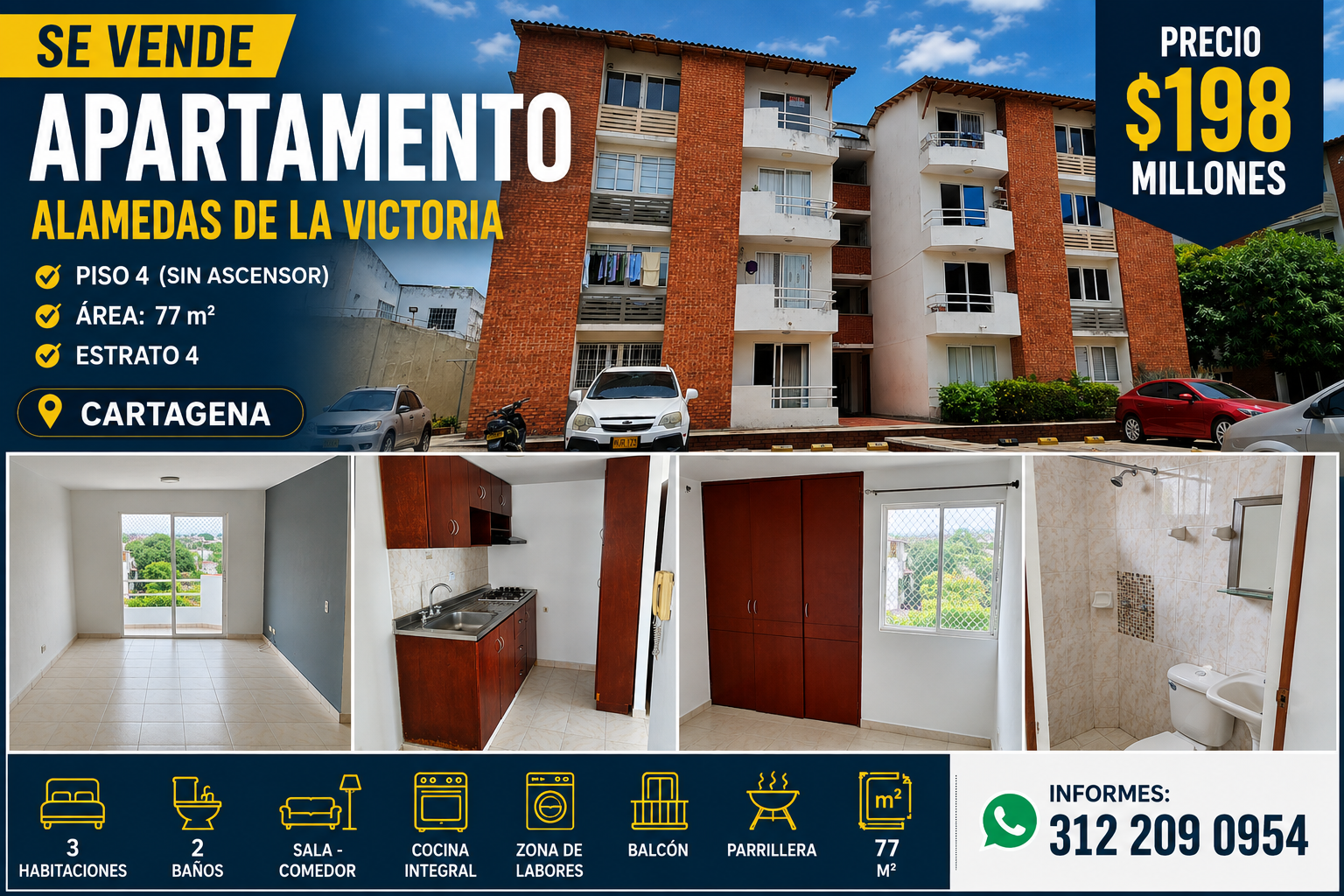 VENDO APARTAMENTO EN BALCONES DE ALAMEDA PISO 4 ( NO ASCENSOR) 